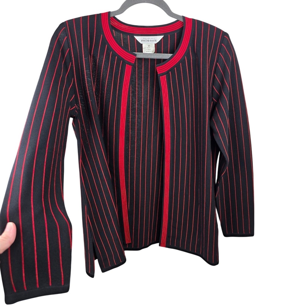 Misook Knit Cardigan Women XS Black Red Striped Open Front Career Wear Designer